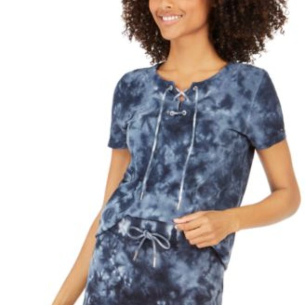Womens Blue Tie-Dye Lace-Up Tee T-SHIRT